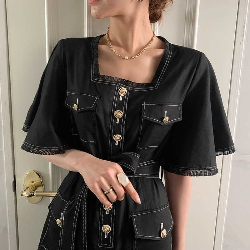 Korejpaa Women Jumpsuits Summer Retro Temperament Square Collar Raw Edge Stitching Lace-Up Waist Flared Sleeve Jumpsuit 210526