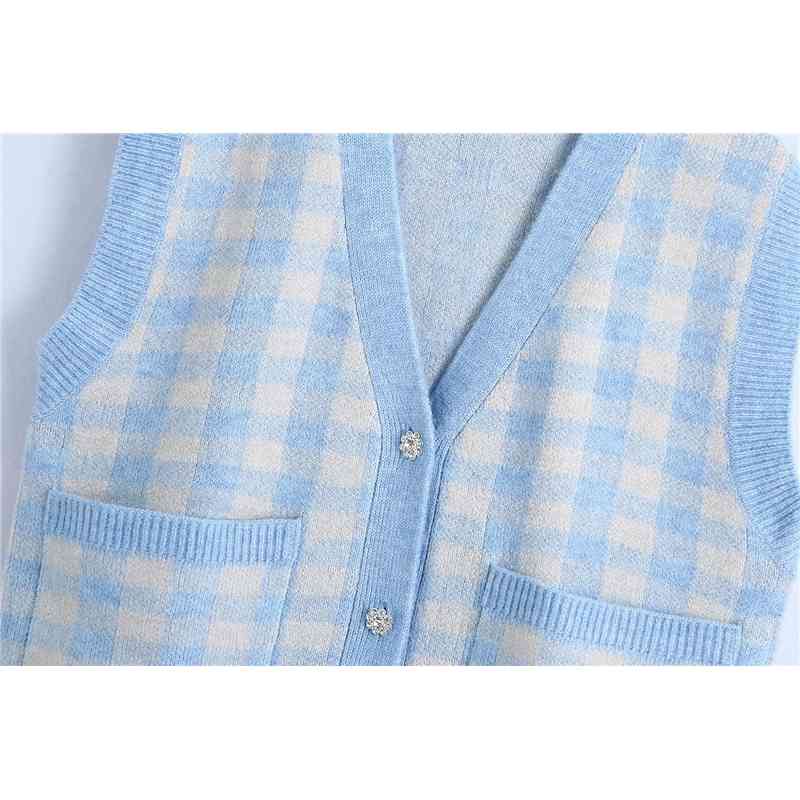 Streetwear Women Blue Plaid Sweater Vest Fashion Ladies V-Neck Knitted Tops Causal Female Chic Pocket Loose Cardigan 210527