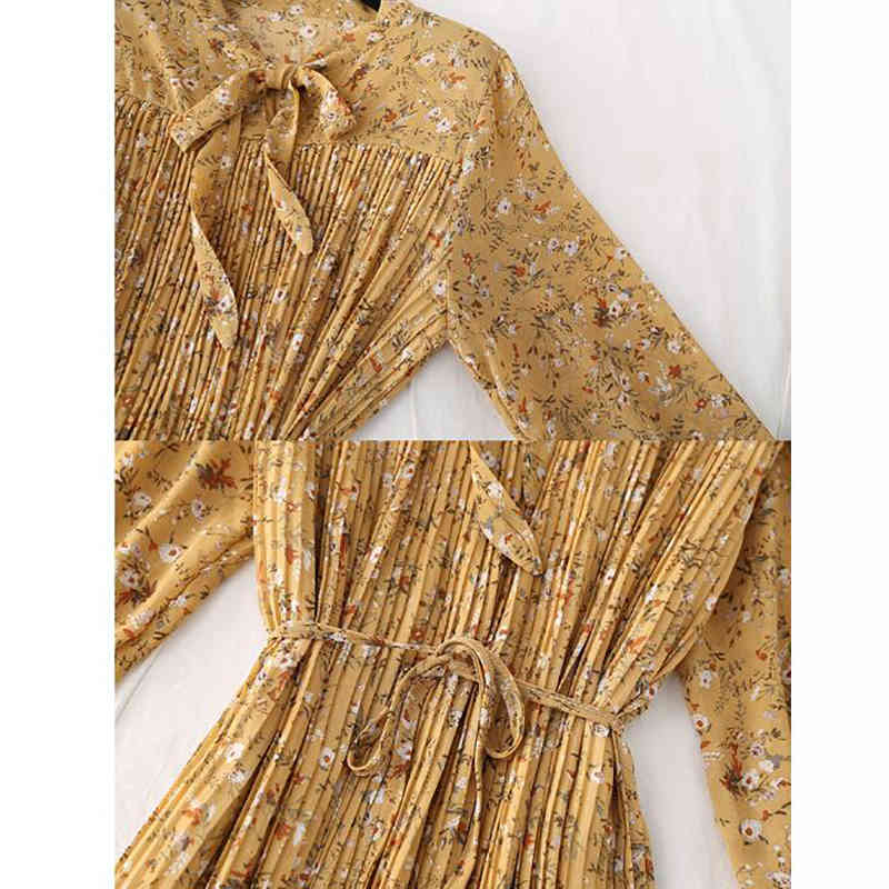 Floral Print Chiffon Dress Women Spring Summer Loose Long Sleeve Ruffles Pleated Long Dress Bow Vintage Femme Vestidos 210521