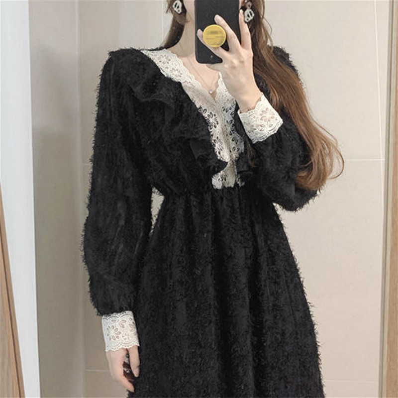 Elegant Vintage Dress Women V-Neck Lace High Waist Dress Korean Spring Party Office Long Sleeve Dress Female Chic 210521