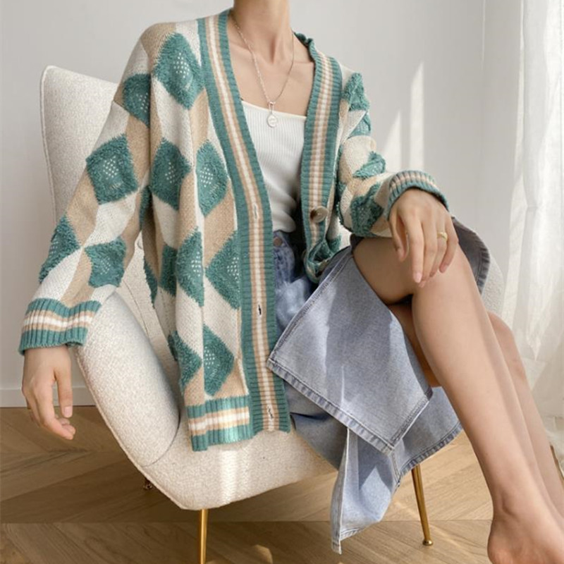 Autumn Winter V-neck Single-breasted Knitted Sweater Coat Vintage OL Oversized Thick Knit Cardigan Tops Sweaters 210421