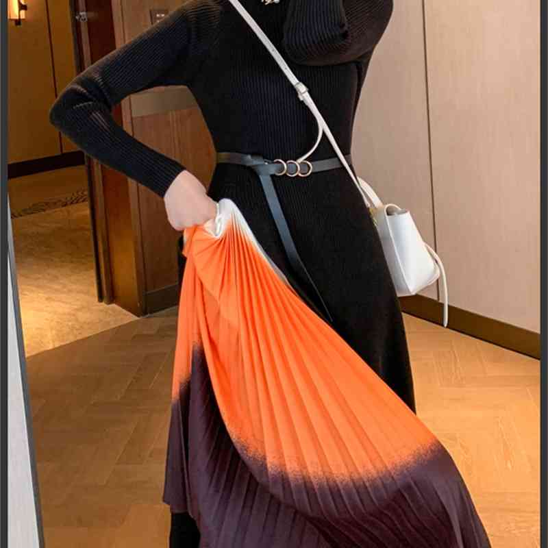 Spring Fall Fashion Elegant Knitted Patchwork Gradient Color Pleated Midi Dress Female Long Sleeve Slim Casual 210519