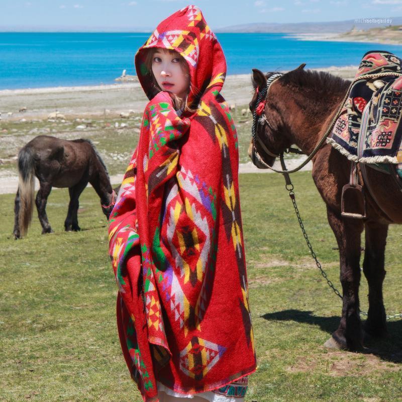 Scarves Ethnic Style Hooded Shawl Women's Winter Thickened Warm Poncho Stole Wrap With Horn Button Travel Red Geometric Pattern Shawl1
Scarves Ethnic Style Hooded Shawl Women's Winter Thickened Warm Poncho Stole Wrap With Horn Button Travel Red Geometric Pattern Shawl1