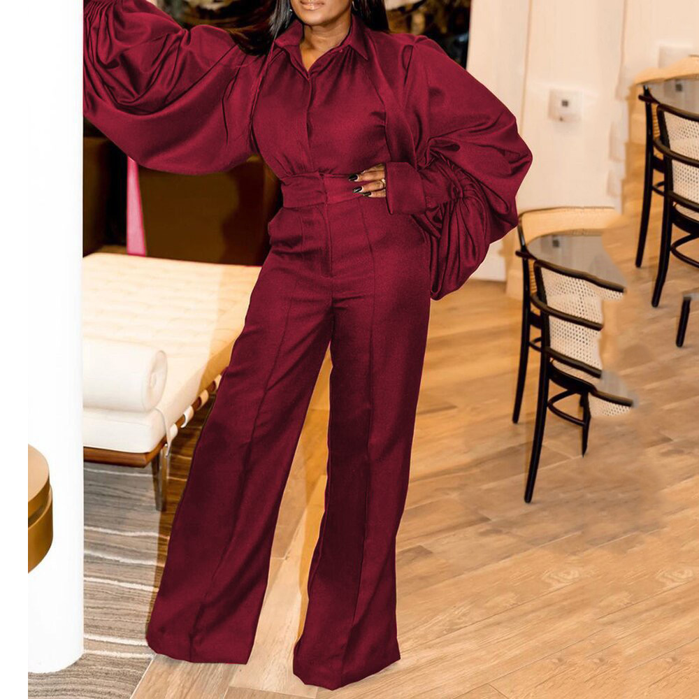 Elegant Polyester Jumpsuit For Women High Waisted Long Romper With Lantern Sleeves - Black, Green, Red B1