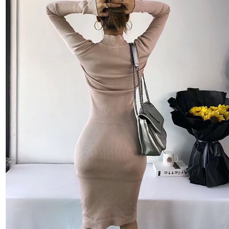 Vintage Rib Knitting Bodycon Mid-calf Sexy Dress Retro Women Stand Color Stretch Long Sleeve Dresses 210429