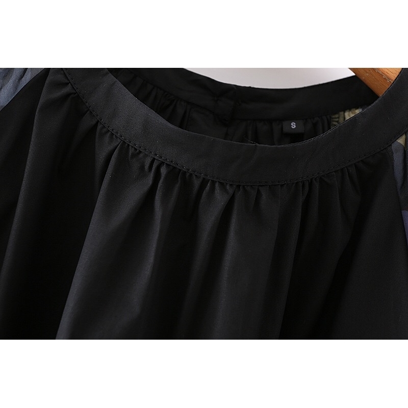 Retro Black Contrast Flower Print Lantern Sleeve Dress Woman Vintage Round Collar Loose Straight Pullover Dresses Holiday 210429