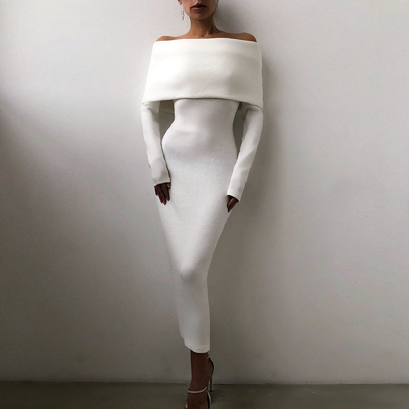 Women Dress Slash Neck Off Shoulder Vintage Black White Long Sleeve Sexy es 210513