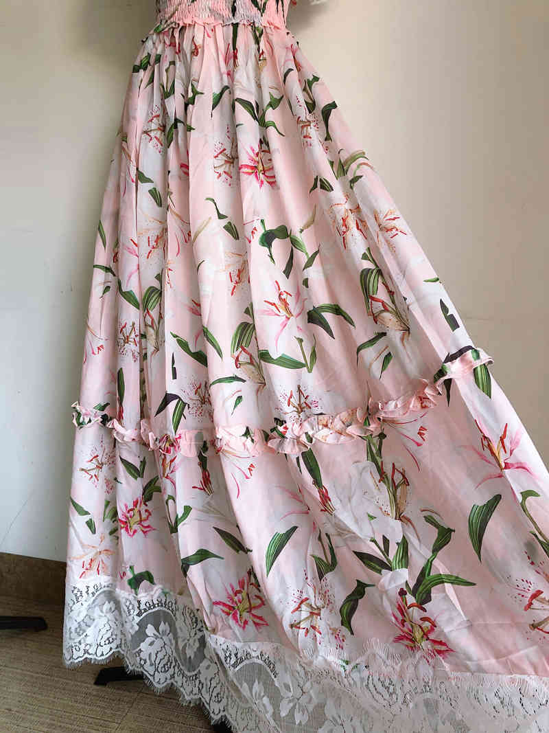 Plus Size Summer Women'S Bohemian Fashion Casual Beach Lily Print Elegant Lace Stitching Chiffon Party Dresses Chic 210421