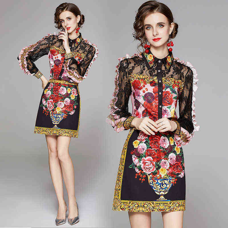 Runway Sicilian Roses Autumn Suit Women's Two Piece Suits See Through Lace Ruffles Sleeve Shirts + Floral Short Skirt 2pcs Sets 211106