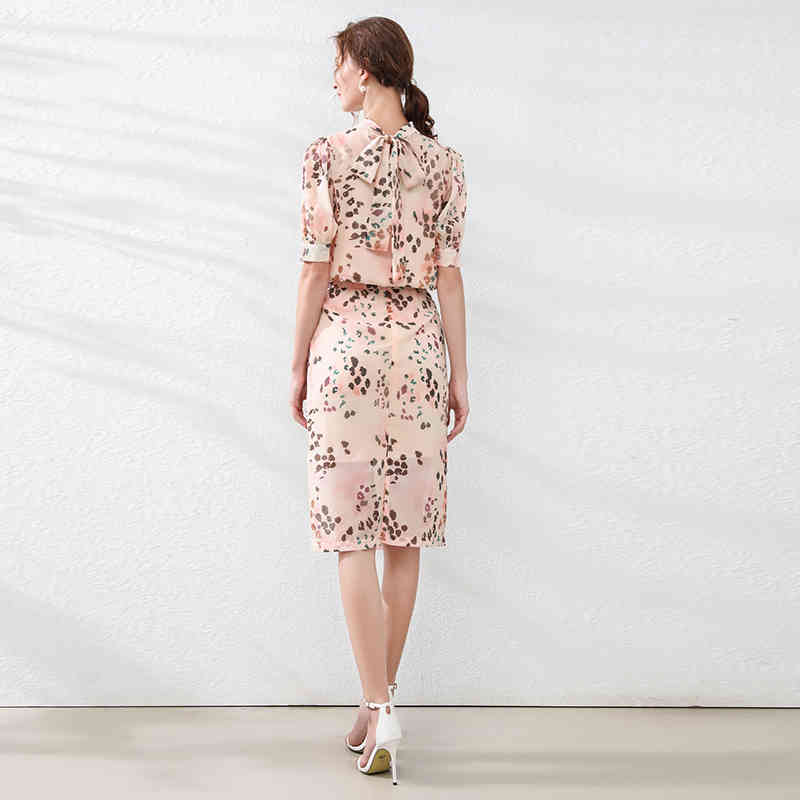 Elegant 2 Pieces Set Chiffon Flowers Print Bow Back Sweet Blouse + High Waist Midi Skirt Spring Office Ladies Women Suit 210519
