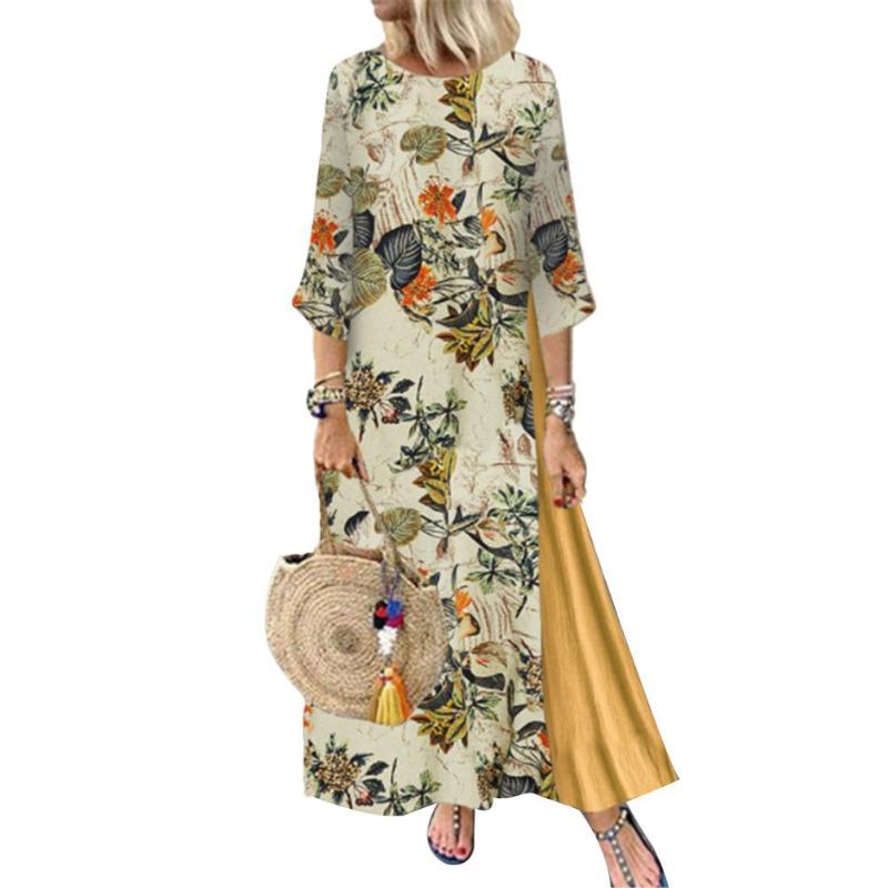 Plus Size Women 3/4 Sleeve O Neck Floral Leaves Print Stitching Loose Maxi Dress Casual Dresses