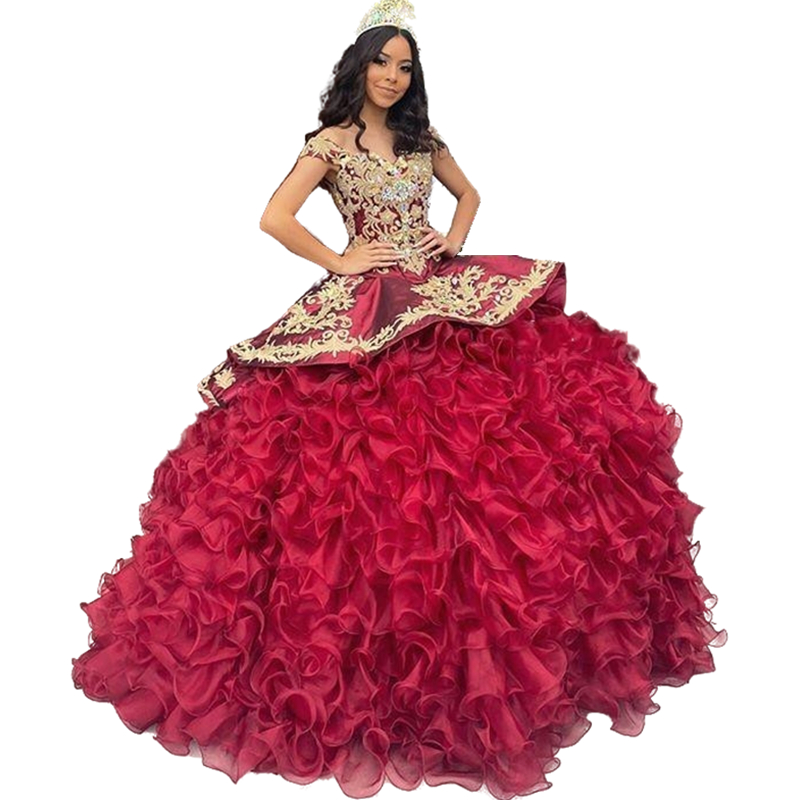 Burgundy And Gold Lace Embroidery Quinceanera Dresses 2022 Off Shoulder Crystal Beaded Organza Puffy Ball Gowns Ruffle Sweet 16 Dress Brithday Party P