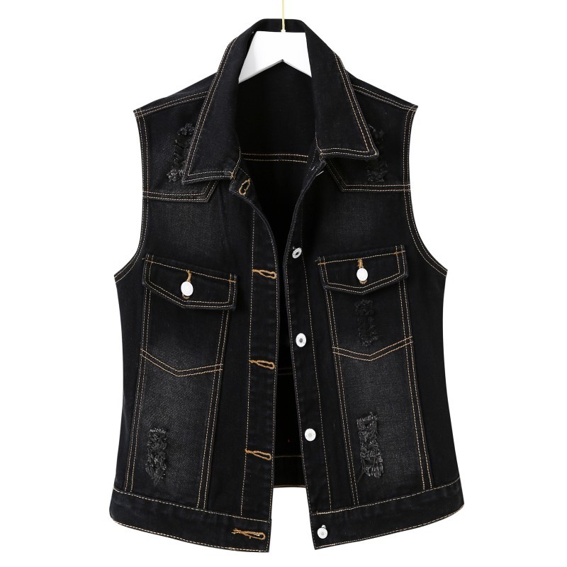 Autumn Women's Denim Vests Coat Sleeveless Casual Turn-down Collar Loose Hole Vest Tops Female Short Jackets 210514