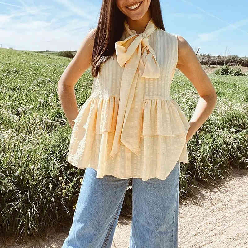 Elegant Ruffled Solid Short Women Blouse Arrival Loose Vintage Bow Tie Collar Sleeveless Office Lady Blusas Mujer De Moda 210521