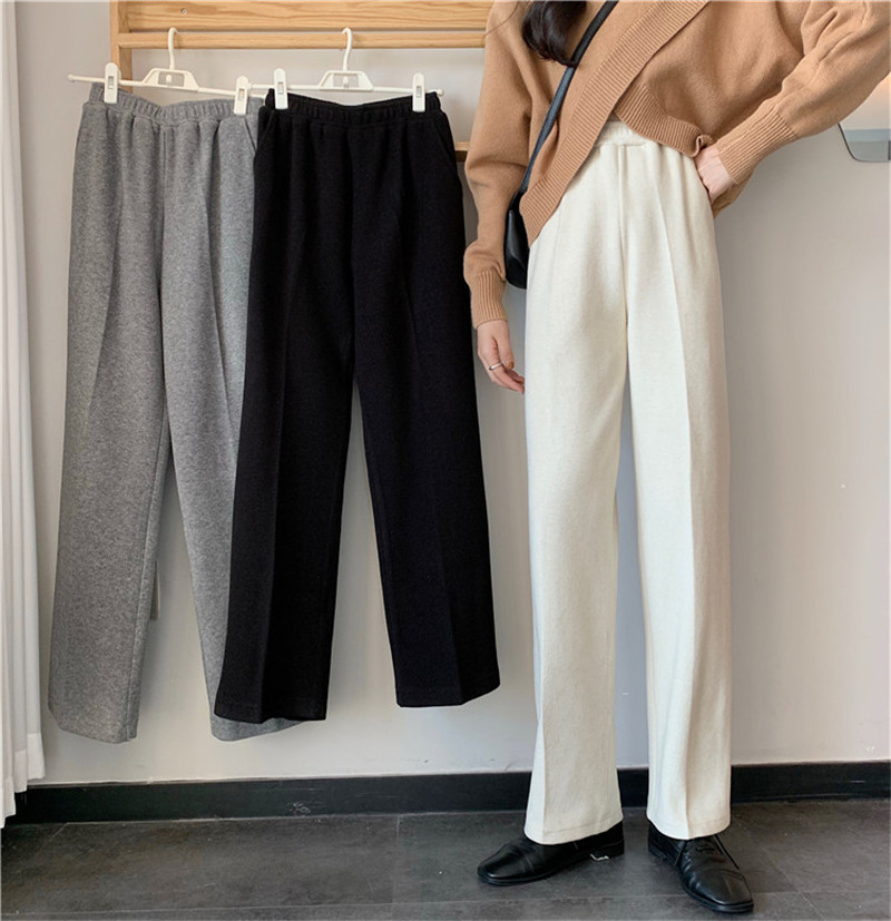 Elegant High Waist Straight Wide Leg Woolen Pants Women Bottom Autumn Winter OL Solid Thick Loose Suit Trousers Femme 210421