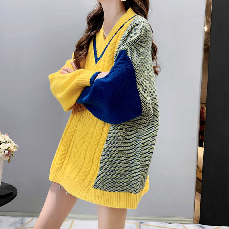 H.SA Women Winter Sweater Pullovers V neck Patchwork Purple Haraju Jumpers Oversized Knit Loose Knitwear Twisted Winter Sweaters 210716