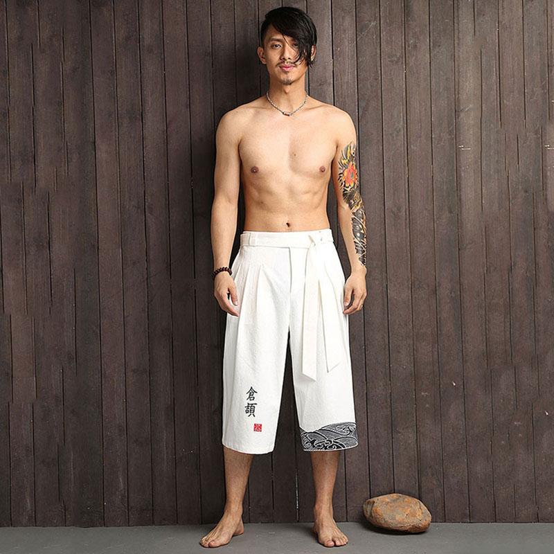 Japanese Kimono Traditional Pants Men Asian Clothing Bath Pant Casual Loose Male Japan Style Yukata Trousers Linen Cropped Men's