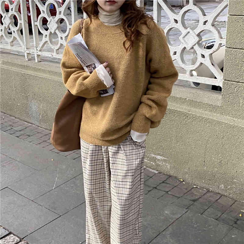 Comelsexy Spring Women Sweaters Thick Tops Pullovers Sweet Lazy Retro Chic O-neck Knitted Solid Elegant Loose Casual 210515