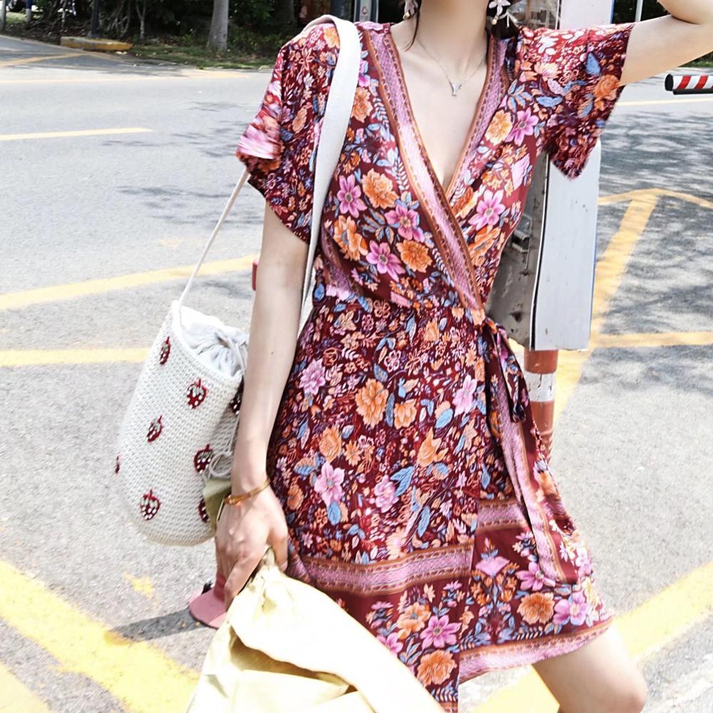 Bohemia Cotton Flower Print Short Sleeve BOHO Wrap Dress Holiday Beach Woman Bow Tie Waist Summer Dresses Vestido 210429
