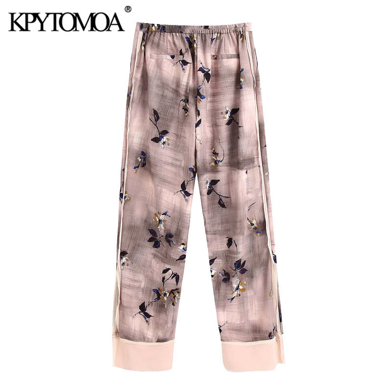 Women Chic Fashion Frayed Trim Printed Pants Elastic Waist Buttons Fly Female Trousers Pantalones Mujer 210420