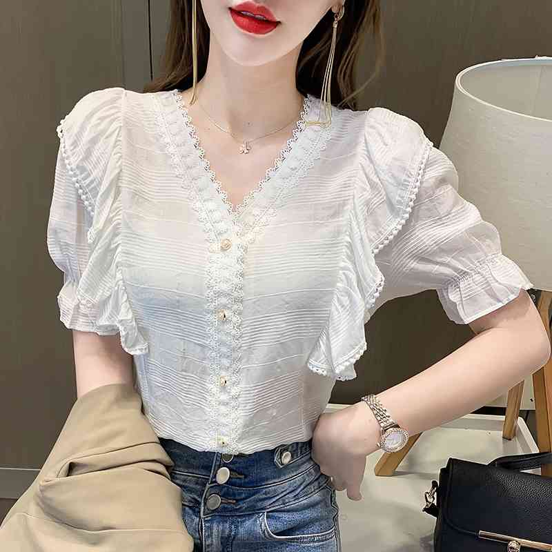 Summer Women Korean-Style Loose Shirt V-neck Ruffled Short-Sleeved Ladies Top Fashion Sweet Pullover Solid Blouses 210515