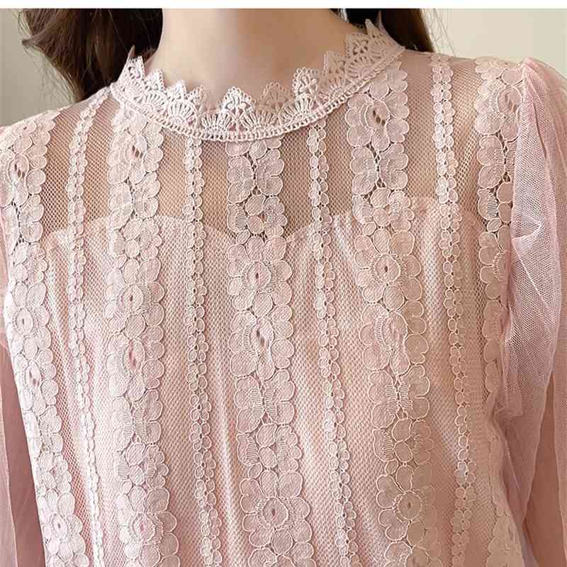 Spring Sweet Mesh Patchwork Lace Shirt Two Pieces Set + Trumpet Mermaid High Waist Tweed Woollen Skirt Suit 210520