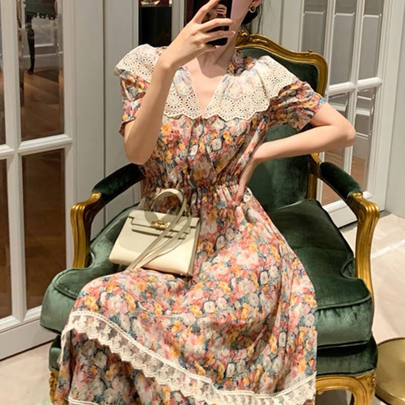 Women Summer Print Long Dress Fashion Lace V-neck Short Sleeve A-line Empire Slim Floral vestido de mulher 210421