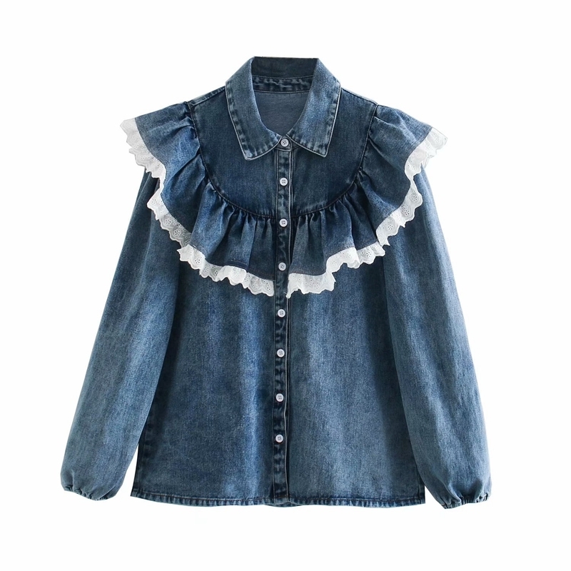 Elegant Women Blue Denim Shirts Fashion Ladies Lace Ruffles Tops Sweet Female Chic Turn Down Collar Blouses 210527