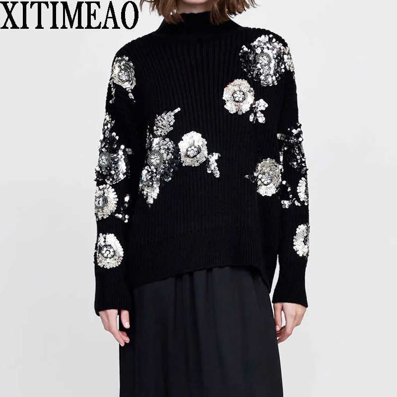 ZA Women Fashion Beading Sequins Loose Knitted Sweaters Vintage High Collar Long Sleeve Female Pullovers Chic Tops 210602