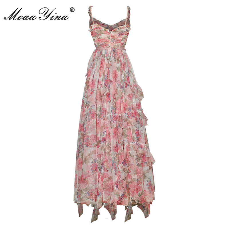 Bohemia Vacation Long Dresses Women's Summer Mesh Sexy Spaghetti Strap Floral print Elegant Maxi Party Dress 210524