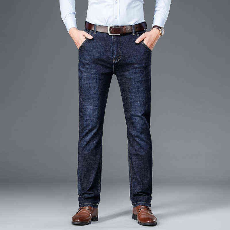 Men's Classic Relaxed Fit Flex Jean spring autumn Four Seasons High waist Business casual black blue denim trousers 211120