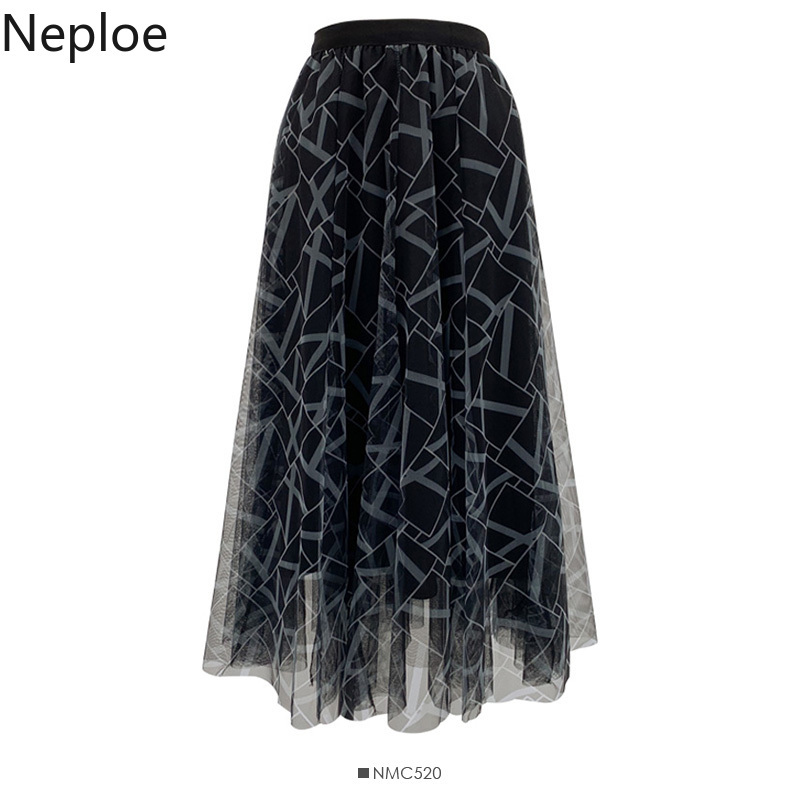 Neploe Plaid Printed Skirt Women Mid-length Gauze A-line Jupe Summer Elastic High Waist Faldas Korean Fashion Slim Saia 210422