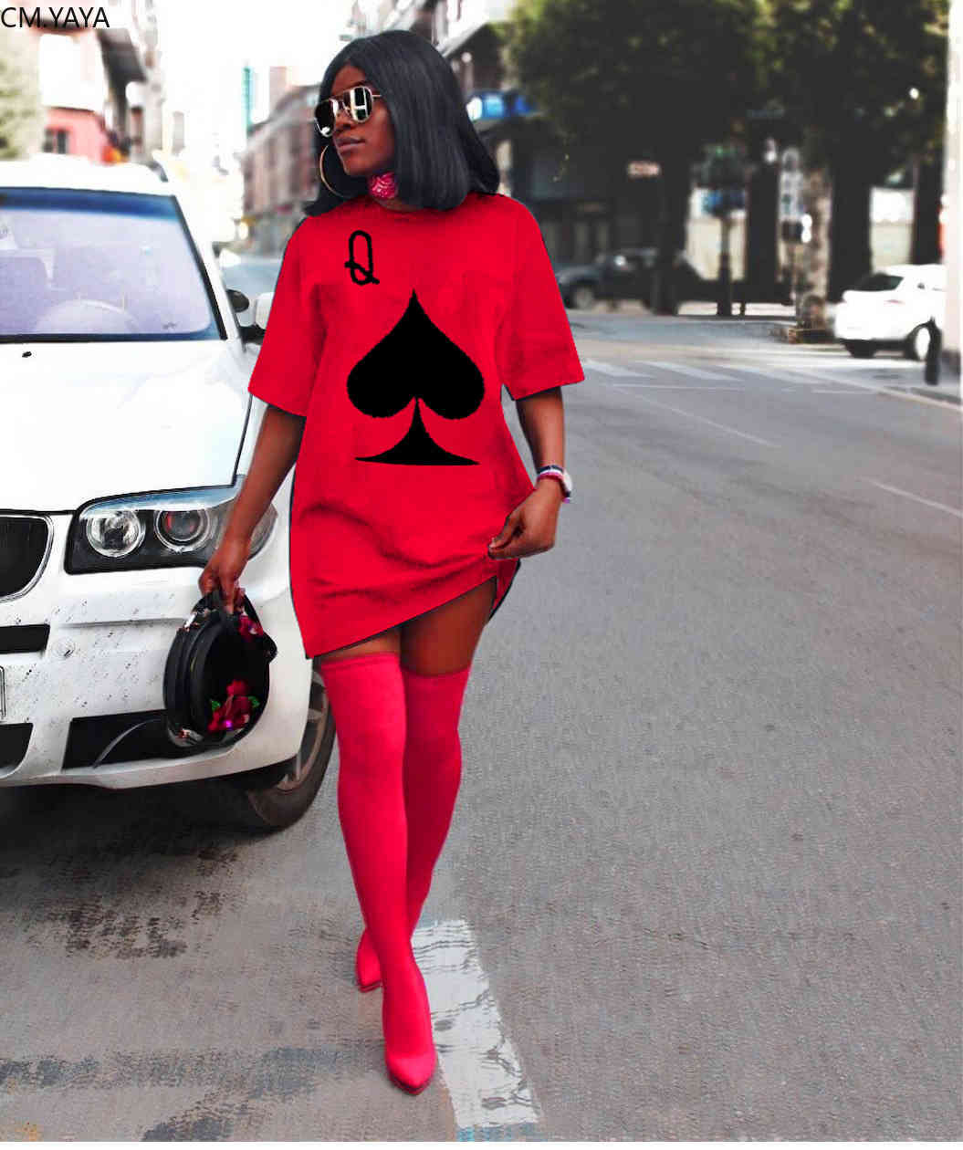 CM.YAYA Women Active Wear Short Sleeve Spade Q Print O-neck T-shirts Dress Vestidos Classic Fashion Tee Dresses 210331