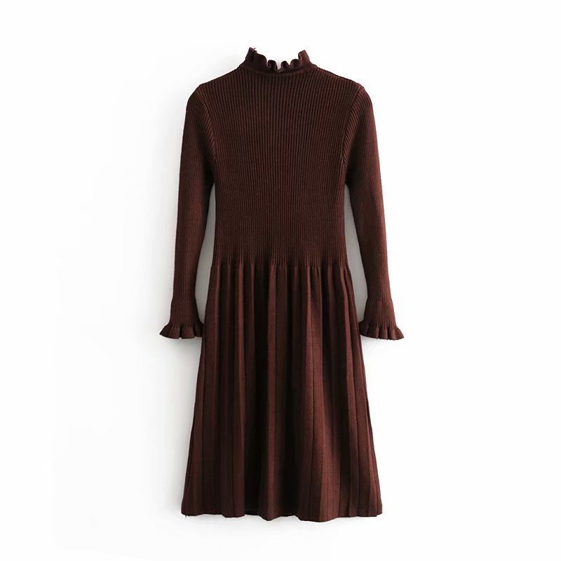 Elegant Ruffle Long Sleeve Knitted Sweater Dress Women Solid A Line Bow Pleated Dress Autumn Winter Casual Dresses For Ladies 210414
