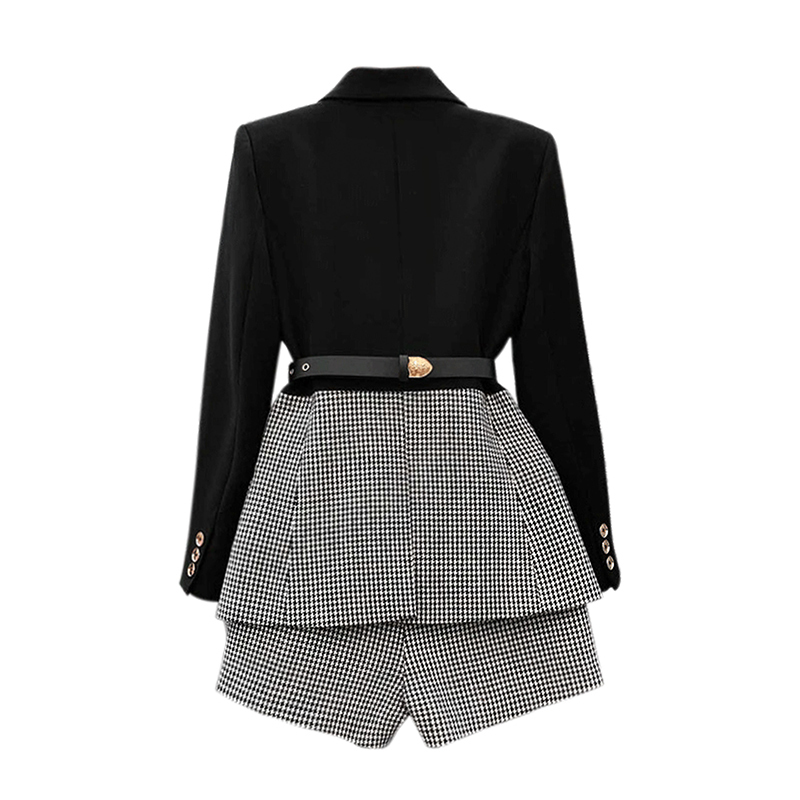 TWOTWINSTYLE Korean Patchwork Plaid Two Piece Set For Women Lapel Long Sleeve Sashes Blazer Wide Leg Shorts Casual Sets Female 220302