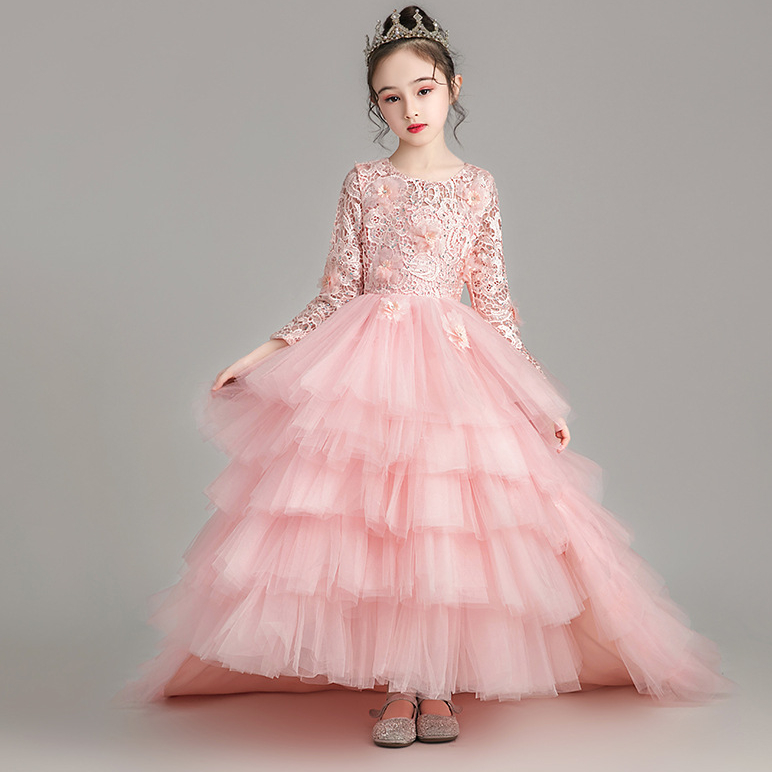 Ball Gown Toddler Girls Pageant Dresses Lace Appliqued Long Sleeves Flower Girl Dress Crystals Tulle First Holy Communion Gowns 403