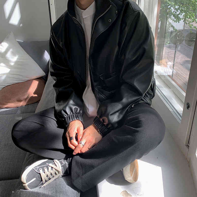 IEFB Spring Korean Fashion Loose PU Leather Men's Motorcycle Suit Pilot Jacket Zipper Stand Collar Short Coat Black 9Y5266 210524