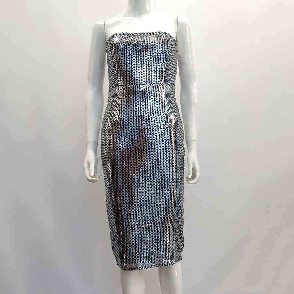 Women'S High Quality Silver Sexy Sequins Open Back Tight Mid-Length Dress Elegant Celebrity Party 210525