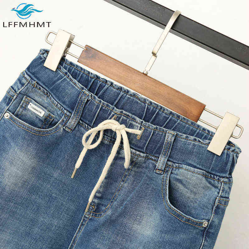 Women Summer Autumn Baggy Elastic Waist Jeans Korea Style Ripped Pants Female 100KG Oversize Loose Harem Trousers Cloth 211111