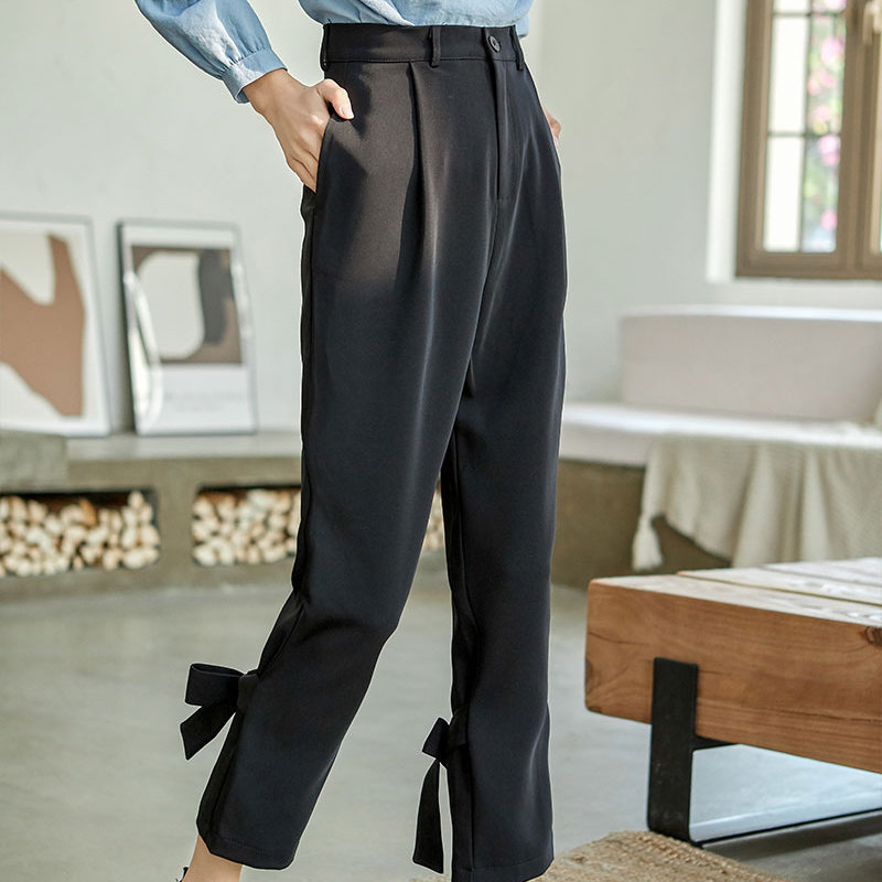 Black Bow Retro All Match Fashion Streetwear Autumn High Waist Vintage Loose Brief Casual Women Pencil Trouser 210421