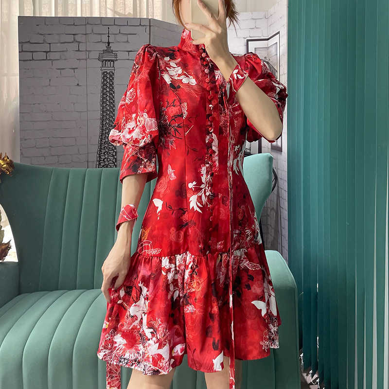 DEAT Women Printing Dress Half High Collar Three Quarter Sleeve Arrivals Lady Temperament Fashion Spring Summer 11D1877 210709