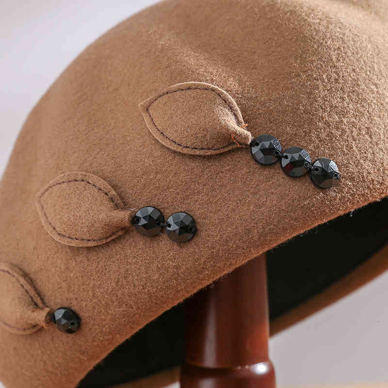 Buta Autumn Winter Beret Women's British Wool Felt Hat Fashion Nail Bead Elegant Top Pt1050
