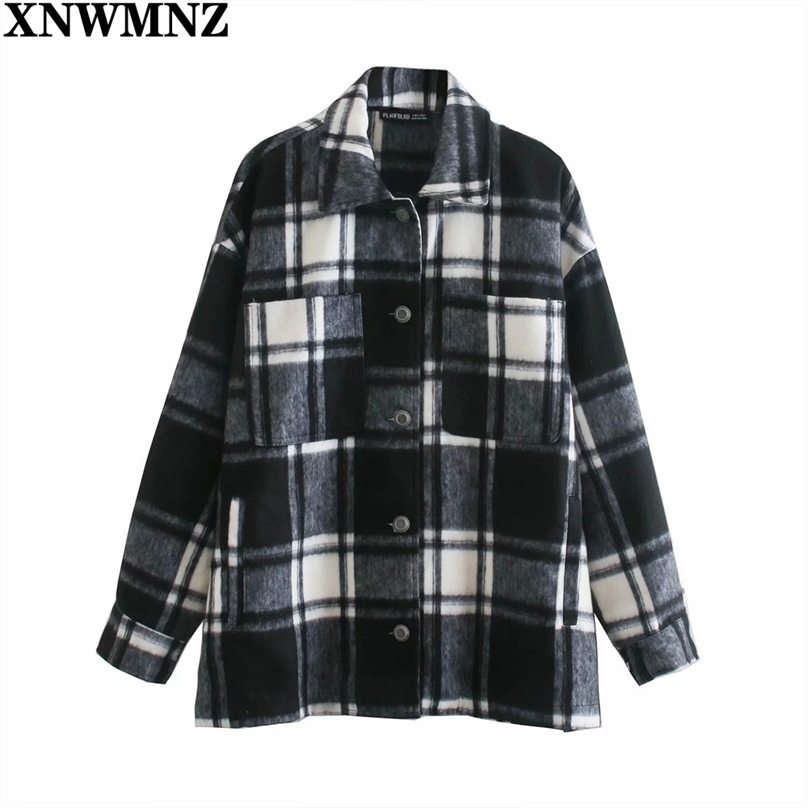 

women Fashion blend check Overshirt ladies Vintage Long sleeves patch pockets buttons Chic Tops Female girls coats 210520, Black