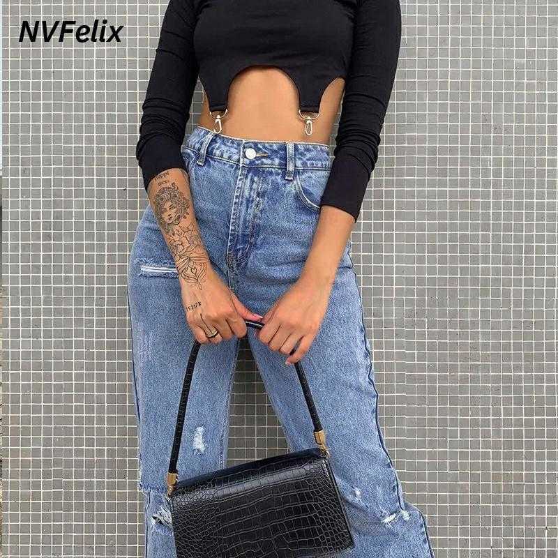 Fashion Rippde Jeans Women High Waist Straight Denim Mom Pants Baggy Washed Blue Casual Female Cotton 210922