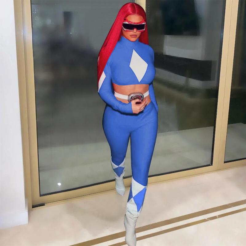 Women Fashion Sexy Locomotive Style Sets Long Sleeve High Collar Top Elastic Pants Two Piece Women's Tracksuits