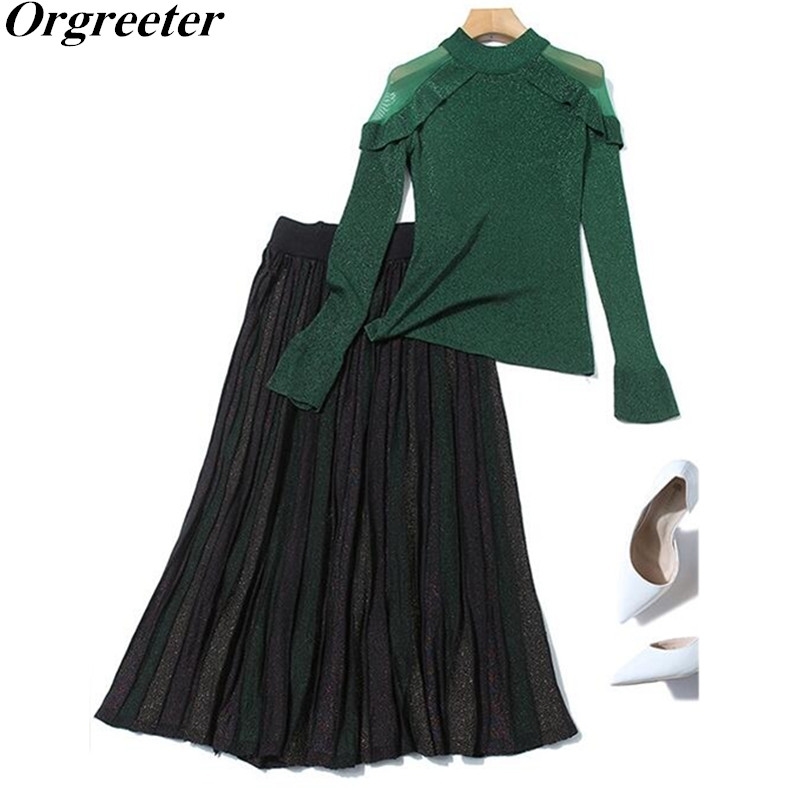 Spring Fashion Ruffles Trim Shoulder Mesh Splicing Sweater + Two-piece Shinny Striped Pleated Skirt Set OL Casual Knitted Outfit 210525, Green
Spring Fashion Ruffles Trim Shoulder Mesh Splicing Sweater + Two-piece Shinny Striped Pleated Skirt Set OL Casual Knitted Outfit 210525, Green
