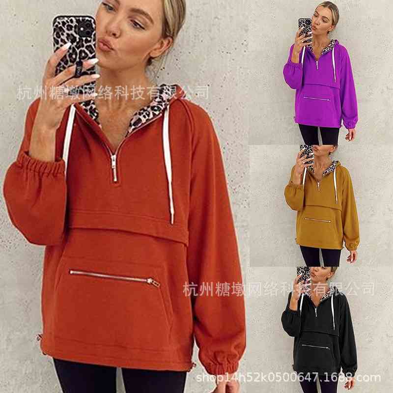 2021 women' hooded zipper pocket long sleeve leopard print sweater autumn and winter new products, Khaki
2021 women' hooded zipper pocket long sleeve leopard print sweater autumn and winter new products, Khaki