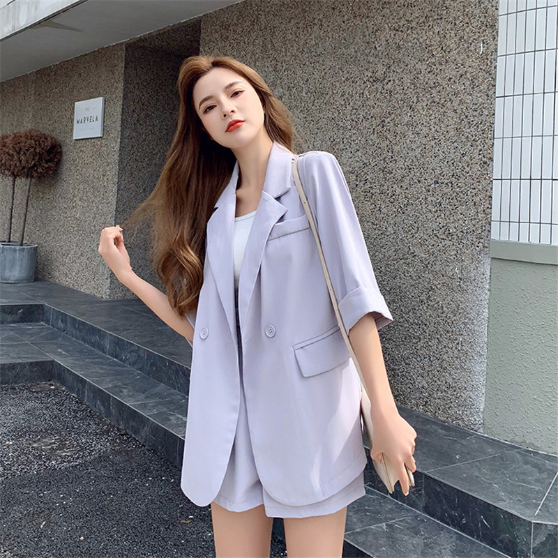OL Purple Thin Summer Streetwear Chic Elegance Brief Blazers+High Waist Stylish Shorts Suits Women 2 Piece Sets 210421
