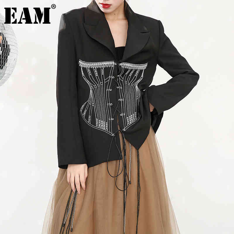 [EAM] Women Black Bandage Shaped Blazer Lapel Long Sleeve Loose Fit Jacket Fashion Spring Autumn 1DC4090 210512