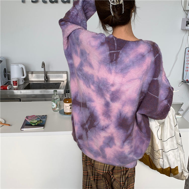 Wonder Vintage Tie Dye Oversize Sweater Warm Thick Purple Pullovers Batwing Sleeve BF Tops Knitted Outwears 210510 - view 7